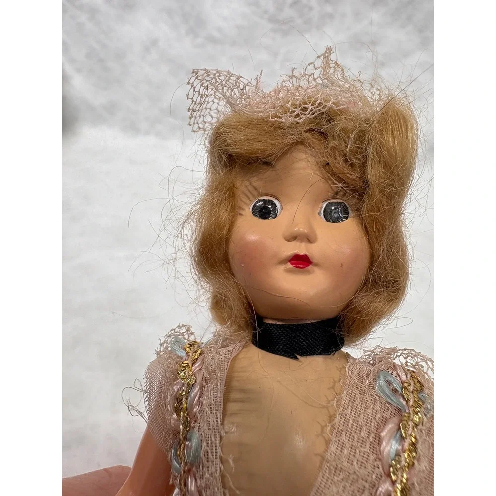 Vintage 7.5 Inch Plastic Doll Polka Dot Tulle Gown Pink Lace Trim Pink Satin